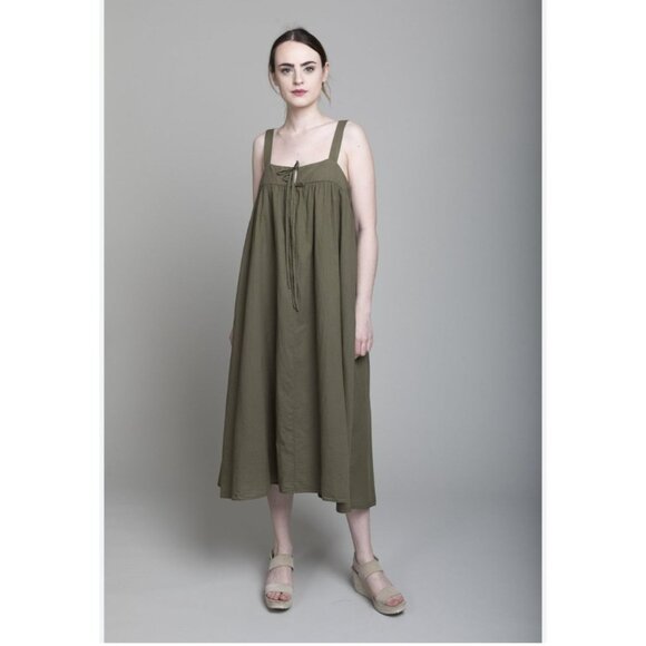 Xirena Olive Green Sleeveless Midi Dress Adjustable Tie Front Flowy Fit Cotton M - Picture 1 of 11
